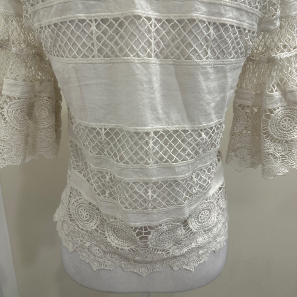 Alexis White Lace Netted Bell Sleeve V-Neck Top XS Boho Crochet Cottage Fairy - Picture 6 of 9
